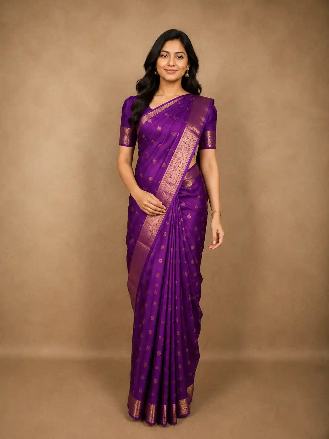Royal Purple Peacock Butta Woven Design Pure Kanchipuram Silk Saree with Zari Border