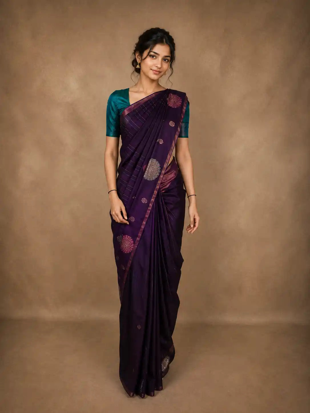 Royal Purple Peacock Striped Woven Design Pure Kanchipuram Silk Saree with Contrast Blouse