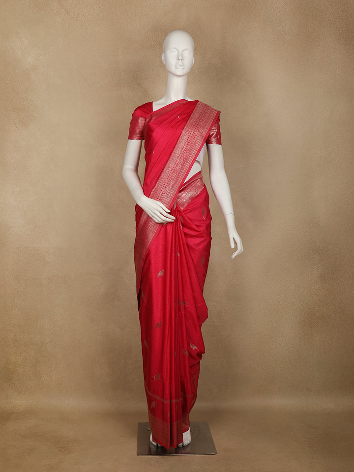 Ruby Pink Bird Design Raw Silk Saree - Diadem