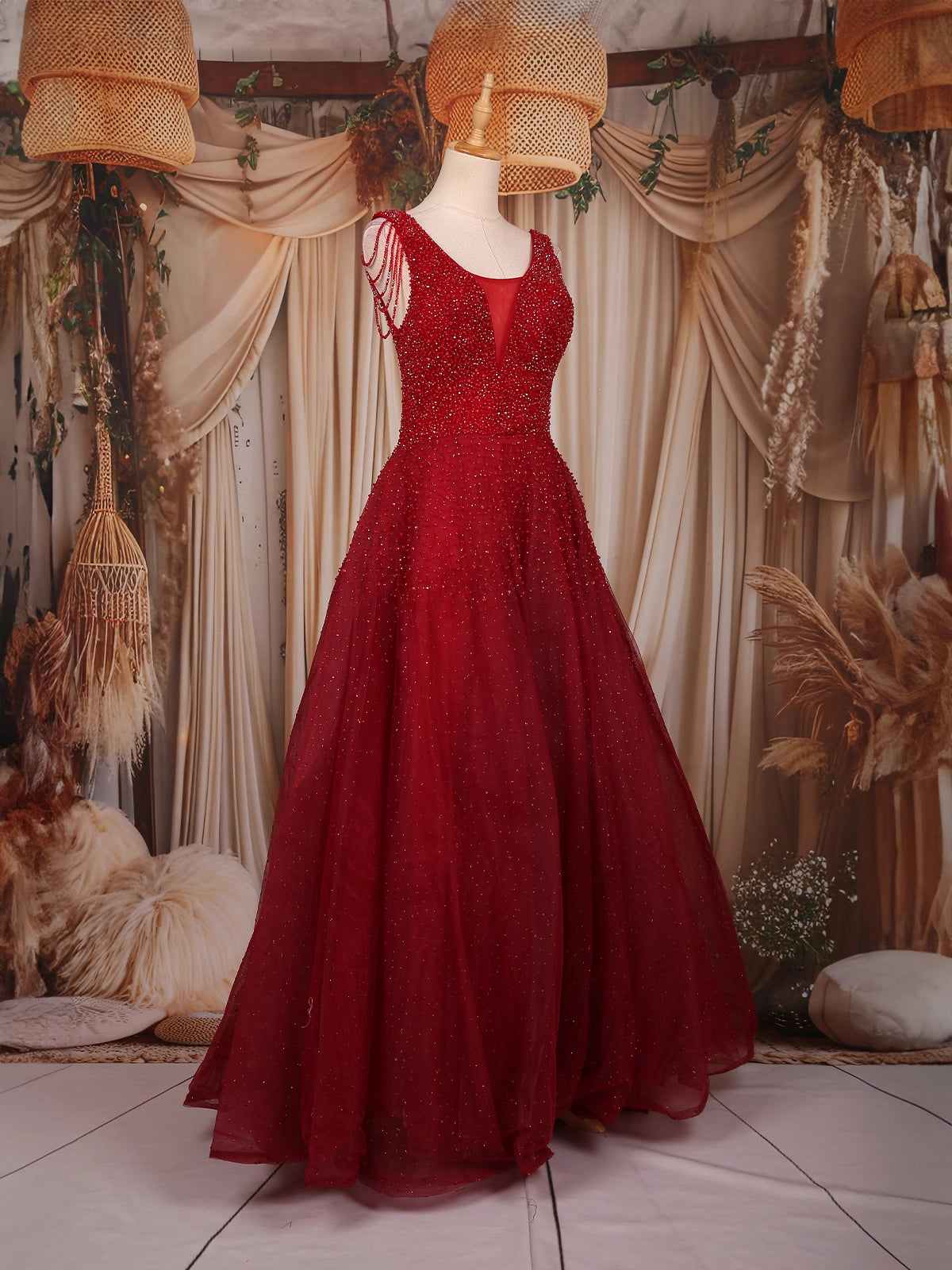 Ruby Red Beaded Net Gown with Deep Neck | Diadem Ruby Red Beaded Net Gown with Deep Neck | Diadem