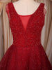 Ruby Red Beaded Net Gown with Deep Neck