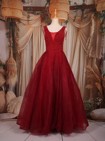 Ruby Red Beaded Net Gown with Deep Neck | Diadem Ruby Red Beaded Net Gown with Deep Neck | Diadem
