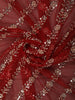 Ruby Red Diagonal Striped Floral Vine Sequins and Beads Embroidered Design Net Party Wear Saree