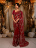 Ruby Red Diagonal Striped Floral Vine Sequins and Beads Embroidered Design Net Party Wear Saree