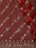 Ruby Red Diagonal Striped Floral Vine Sequins and Beads Embroidered Design Net Party Wear Saree