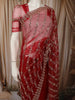 Ruby Red Diagonal Striped Floral Vine Sequins and Beads Embroidered Design Net Party Wear Saree