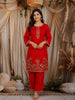 Ruby Red Floral Thread Embroidered Design Cotton Co Ord Set