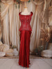 Ruby Red Heavy Sequins and Beads Embroidered Satin Skirt Set with Corset Style Fitted Top