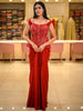Ruby Red Heavy Sequins and Beads Embroidered Satin Skirt Set with Corset Style Fitted Top