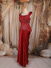 Ruby Red Heavy Sequins and Beads Embroidered Satin Skirt Set with Corset Style Fitted Top