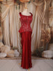 Ruby Red Heavy Sequins and Beads Embroidered Satin Skirt Set with Corset Style Fitted Top