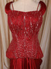 Ruby Red Heavy Sequins and Beads Embroidered Satin Skirt Set with Corset Style Fitted Top