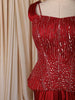 Ruby Red Heavy Sequins and Beads Embroidered Satin Skirt Set with Corset Style Fitted Top