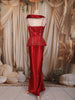 Ruby Red Heavy Sequins and Beads Embroidered Satin Skirt Set with Corset Style Fitted Top