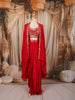 Ruby Red Heavy Sequins and Beads Embroidered Design Satin Ready to Wear Saree with Long Cape