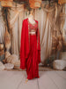 Ruby Red Heavy Sequins and Beads Embroidered Design Satin Ready to Wear Saree with Long Cape