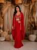 Ruby Red Heavy Sequins and Beads Embroidered Design Satin Ready to Wear Saree with Long Cape