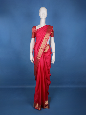 Ruby Red Solid Design Woven Zari Border Silk Saree - Diadem