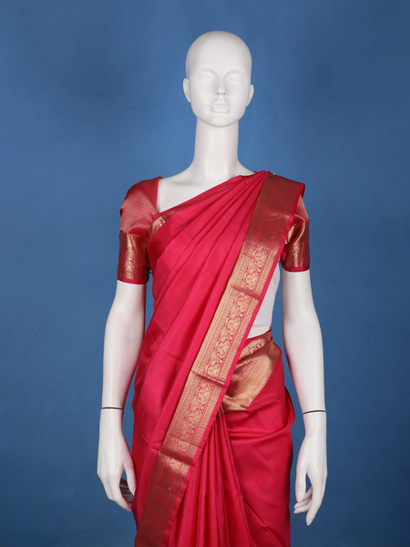 Ruby Red Solid Design Woven Zari Border Silk Saree - Diadem