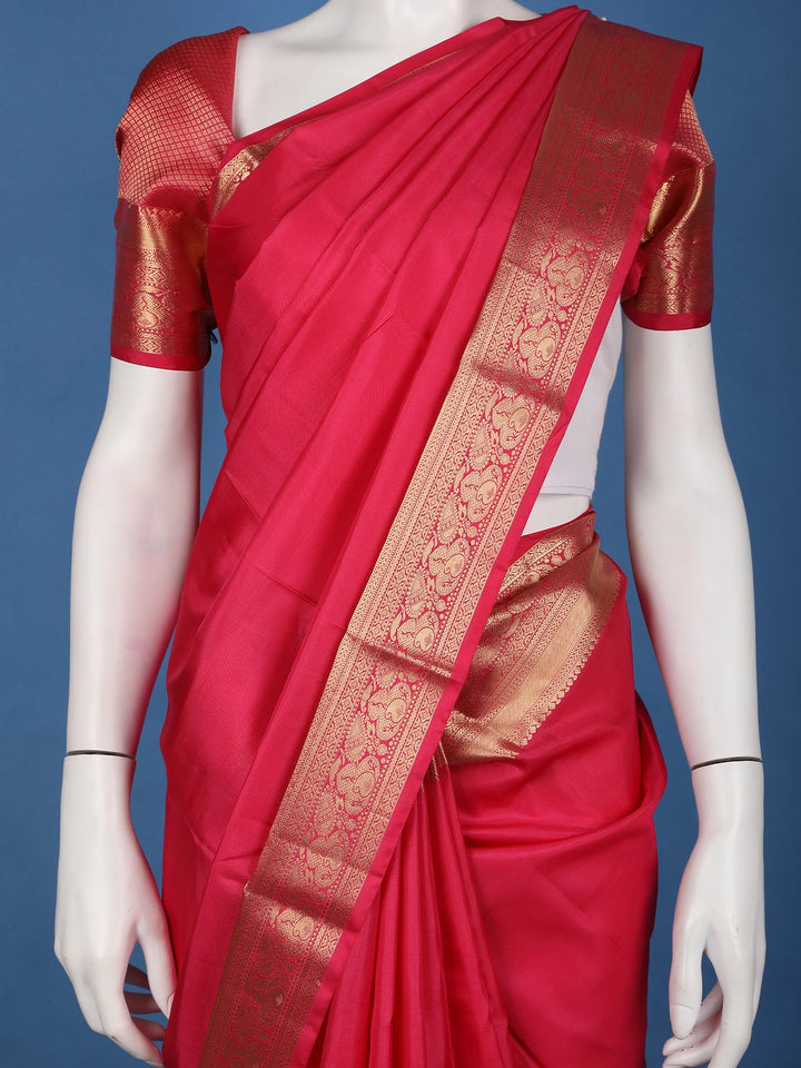 Ruby Red Solid Design Woven Zari Border Silk Saree - Diadem