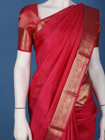 Ruby Red Solid Design Woven Zari Border Silk Saree - Diadem