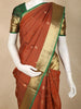 Rust Brown Checked Woven Design Kanchipuram Silk Saree with Contrast Green Zari Border