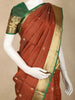 Rust Brown Checked Woven Design Kanchipuram Silk Saree with Contrast Green Zari Border