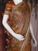 Rust Brown Floral Printed Tissue Organza Saree with Embroidered Border