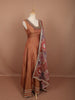 Rust Copper Gold Heavy Sequins Embroidered Design Tissue Silk Long Anarkali Gown with Contrast Floral Dupatta