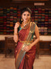Rust Maroon Elephant Motif Zari Woven Design Semi Silk Traditional Wear Saree with Contrast Peacock Zari Border