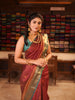 Rust Maroon Elephant Motif Zari Woven Design Semi Silk Traditional Wear Saree with Contrast Peacock Zari Border