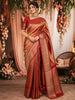 Rust Maroon Geometric Striped Zari Woven Design Pure Kanchipuram Silk Saree with Matching Zari Border