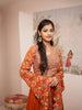 Rust Orange Floral Embroidered Georgette Crop Top with Draped Skirt