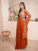 Rust Orange Floral Embroidered Georgette Crop Top with Draped Skirt