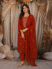 Rust Orange Floral Thread Embroidered Design Cotton Straight Cut Salwar Suit wit Matching Dupatta