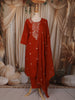 Rust Orange Floral Thread Embroidered Design Cotton Straight Cut Salwar Suit wit Matching Dupatta
