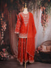 Rust Orange Floral Thread Embroidered Design Raw Silk Palazzo Suit