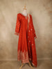 Rust Orange Floral Zari Woven Design Cotton Anarkali Salwar Suit with Dupatta
