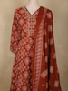 Rust Orange Geometric Printed Design Cotton Anarkali Salwar Suit with Dupatta