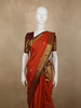 Rust Orange Mini Checked Zari Woven Design Pure Kanchipuram Silk Saree with Contrast Floral Zari Border