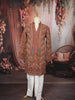 Rust Orange Royal Procession and Geometric Embroidered Design Tissue Silk Men's Kurta Pyjama