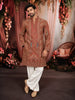 Rust Orange Royal Procession and Geometric Embroidered Design Tissue Silk Men's Kurta Pyjama