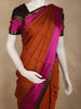 Rust Orange Striped Zari Woven Design Pure Kanchipuram Silk Saree with Contrast Pink Border