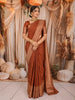 Rust Orange Vertical Striped Zari Woven Design Pure Kanchipuram Silk Saree with Matching Floral Zari Border