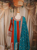 Rust Orange & Turquoise Blue Floral Vine Zari Embroidered Design Silk Palazzo Suit with Matching Dupatta