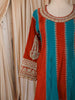 Rust Orange & Turquoise Blue Floral Vine Zari Embroidered Design Silk Palazzo Suit with Matching Dupatta