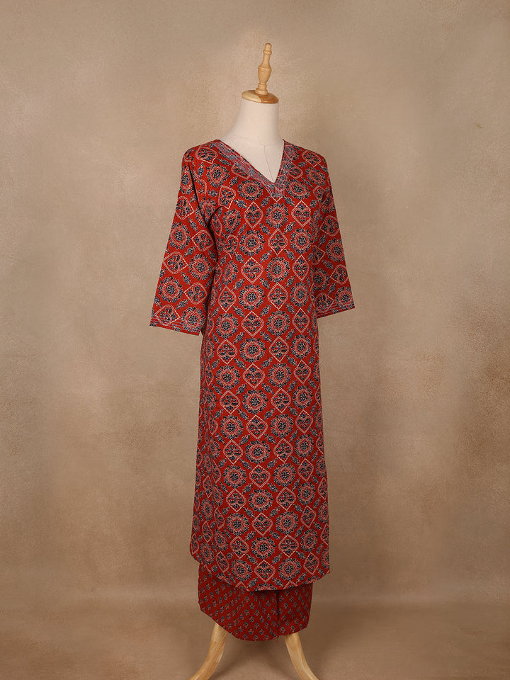Rust Red Geometric Printed Cotton Salwar Suit - Diadem