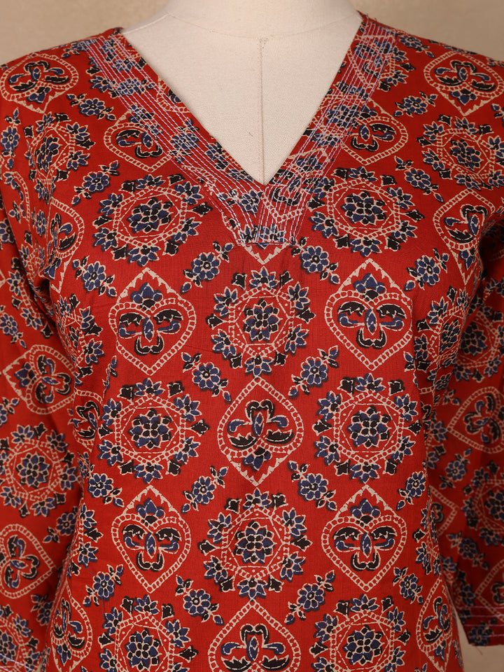 Rust Red Geometric Printed Cotton Salwar Suit - Diadem