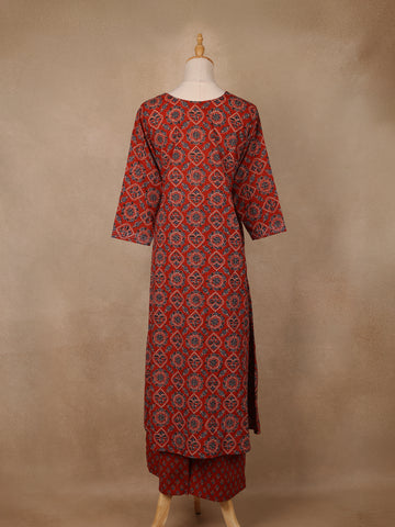 Rust Red Geometric Printed Cotton Salwar Suit - Diadem