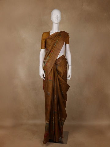 Rust Yellow Floral Design Tussar Silk Saree - Diadem